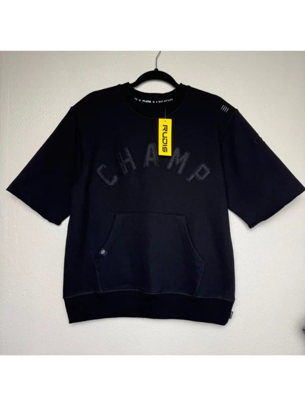 NWT Rudis 'Champ' Cutoff Crew Neck Short Sleeve Sweatshirt In Black Sz SM